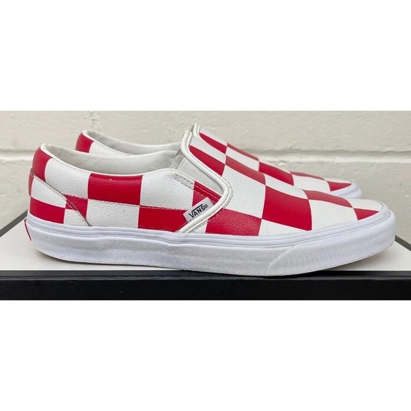 Vans Leather Red White Check Classic Slip-On Shoes Mens 13 New Fast Ship - Picture 9 of 12